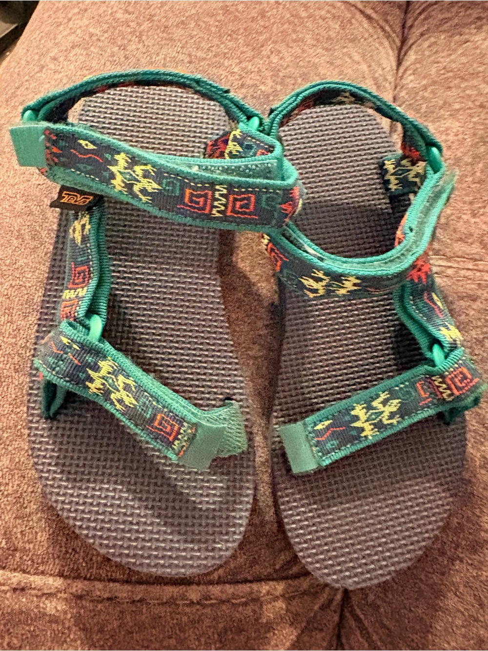 Teva Kids Green Strap Sandals with Multicolor Patterned Webbing